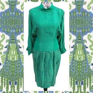Vintage 80s Kelly Green Gingerfield Silk Two Piece Outfit Turtleneck Skirt S